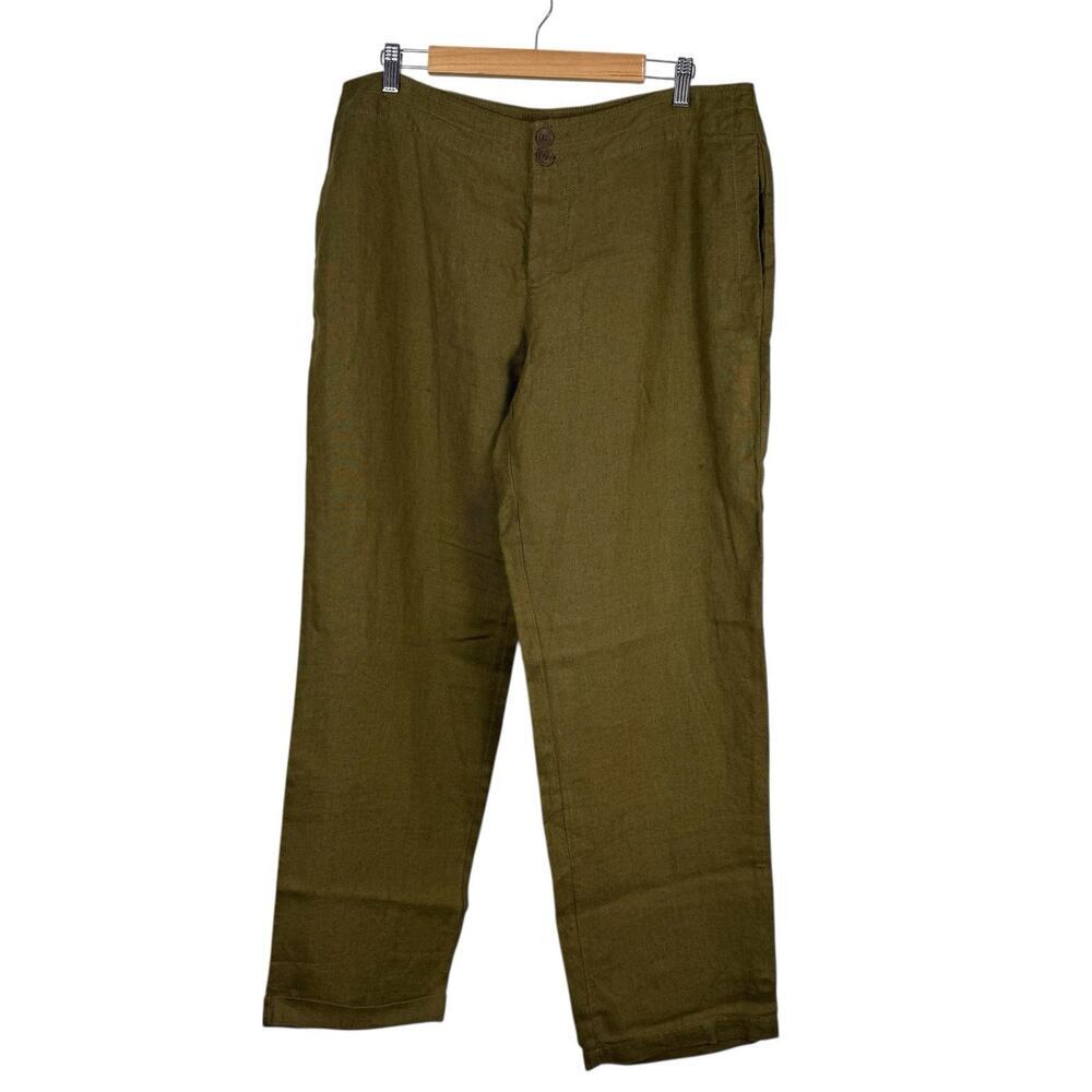 Eileen Fisher Pants Womens Large Olive Green Heavy Linen Straight Leg Natural